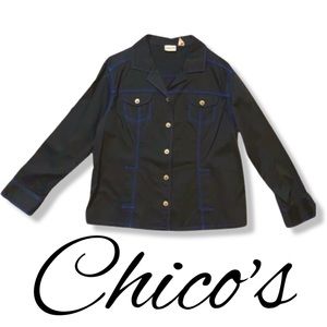 Woman's Black Light Weight Cotton Blend Jacket With Blue Stitching, Chico's, 3